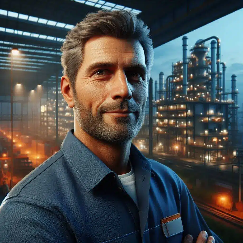 A man in a blue shirt stands in front of a factory