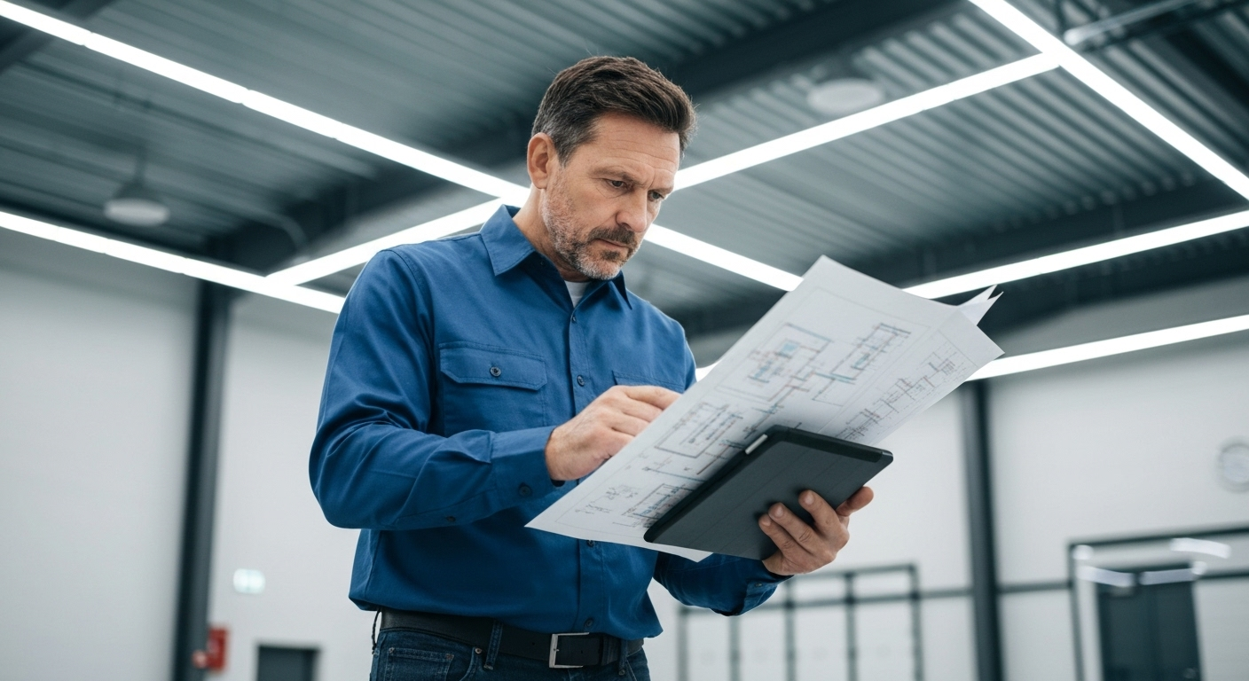 A professional, focused electrician in a clean uniform reviews electrical schematics on a digital tablet. They stand in front of a modern, open circuit breaker panel in a brightly lit, clean commercial setting. This vibrant, high-quality, photorealistic professional photograph showcases expertise, safety, and the integration of modern technology in the electrical trade.