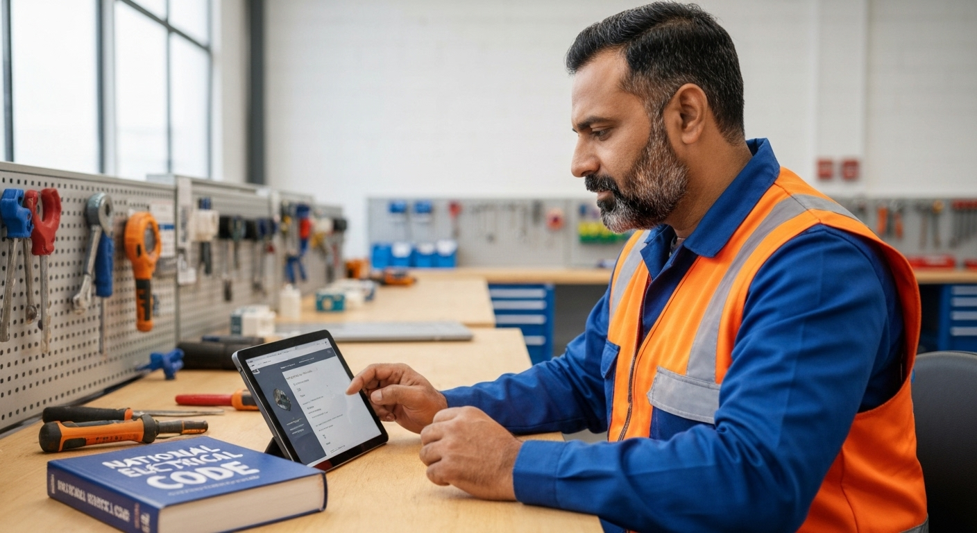A vibrant, professional photograph of a confident electrician in a clean uniform, seated in a well-lit, modern workshop. They are focused on a tablet displaying an online course, with a National Electrical Code book resting on the table beside it. The image is photorealistic, conveying expertise and a commitment to continuing education.