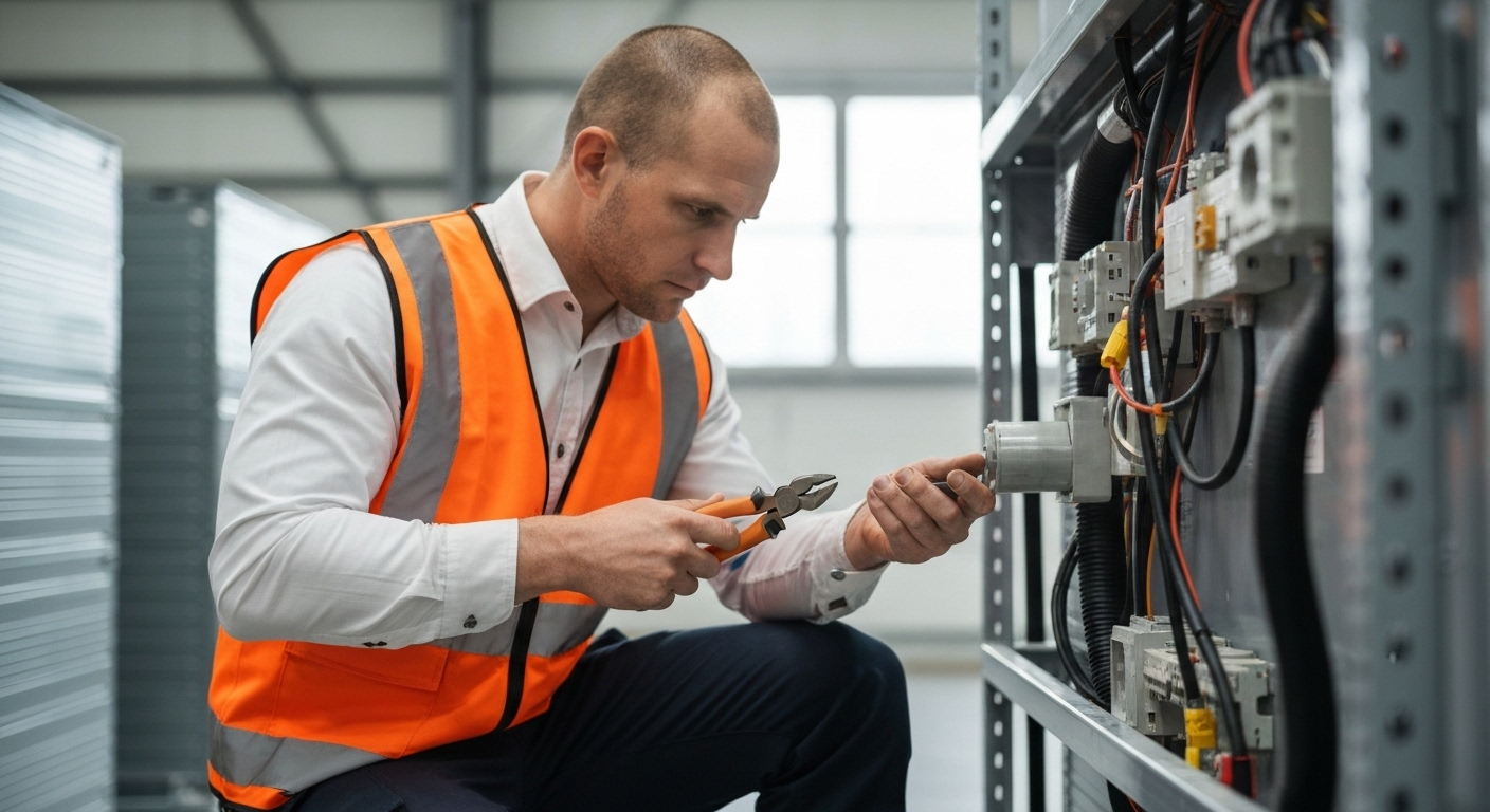 A confident, professional electrician in a clean work shirt smiles while using a tablet for an online continuing education course. The setting is a bright, modern, and uncluttered workspace with soft, natural lighting. This high-quality, photorealistic photograph has a shallow depth of field, conveying a sense of focus, ease, and efficiency.