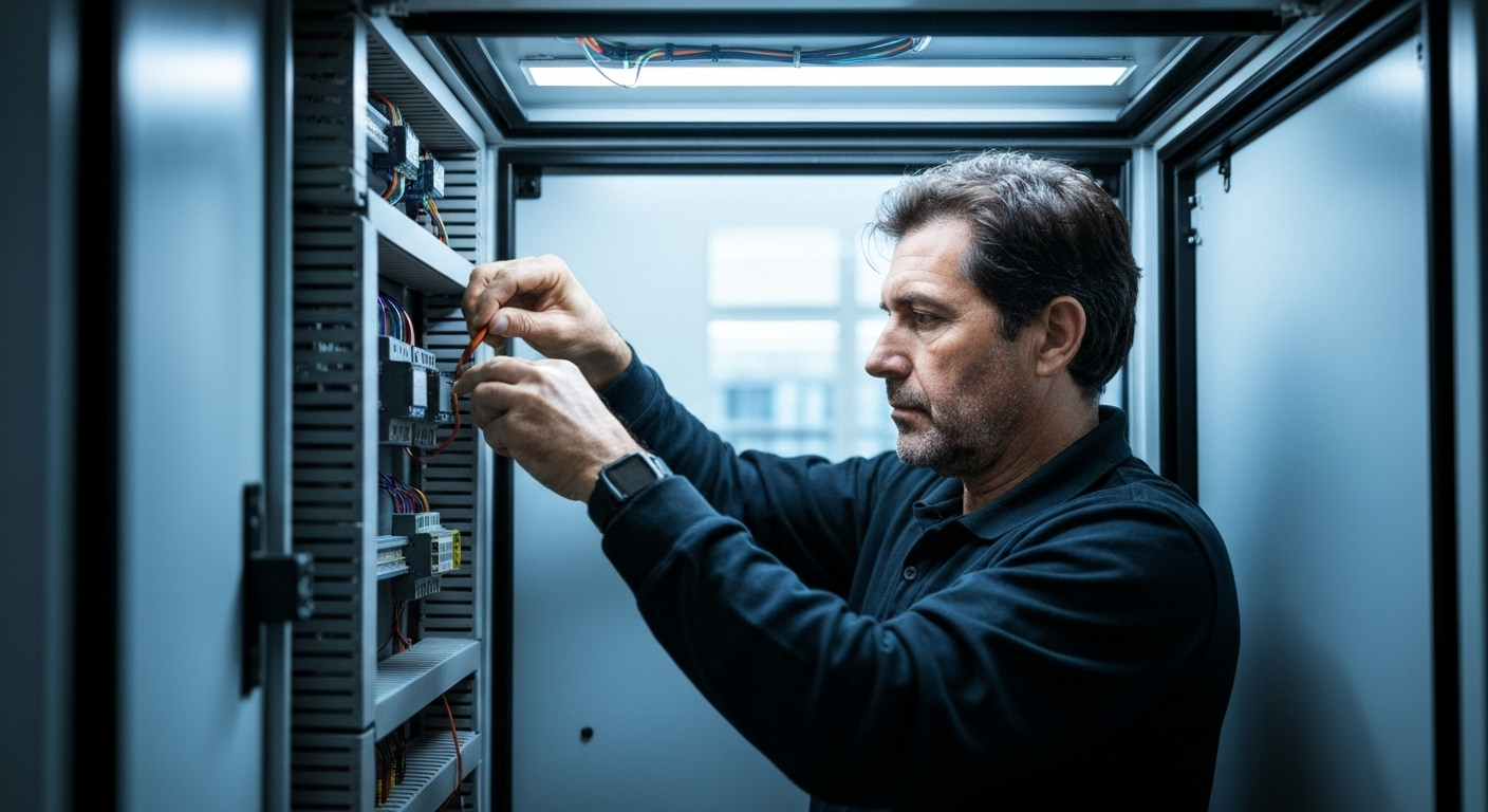 A vibrant, high-quality photograph of a professional electrician meticulously working inside a modern, open electrical panel.