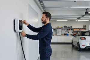 A electrician in workwear installs a wall-mounted EV charging station in a residential garage.