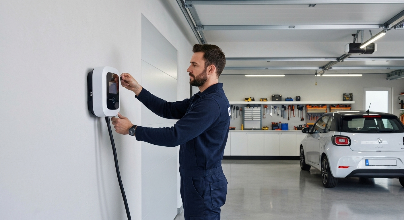 A electrician in workwear installs a wall-mounted EV charging station in a residential garage.