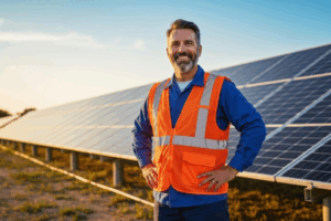 A vibrant, professional photograph of a confident electrician standing proudly on a Texas solar farm at golden hour. The warm lighting and sharp focus highlight the subject against a background of solar panels, creating a clean, photorealistic image.