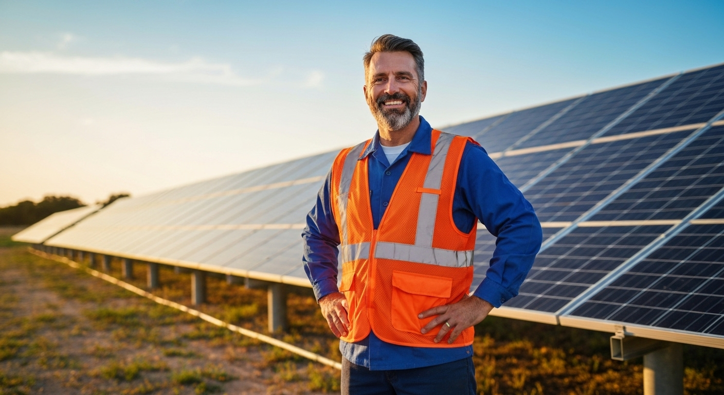A vibrant, professional photograph of a confident electrician standing proudly on a Texas solar farm at golden hour. The warm lighting and sharp focus highlight the subject against a background of solar panels, creating a clean, photorealistic image.