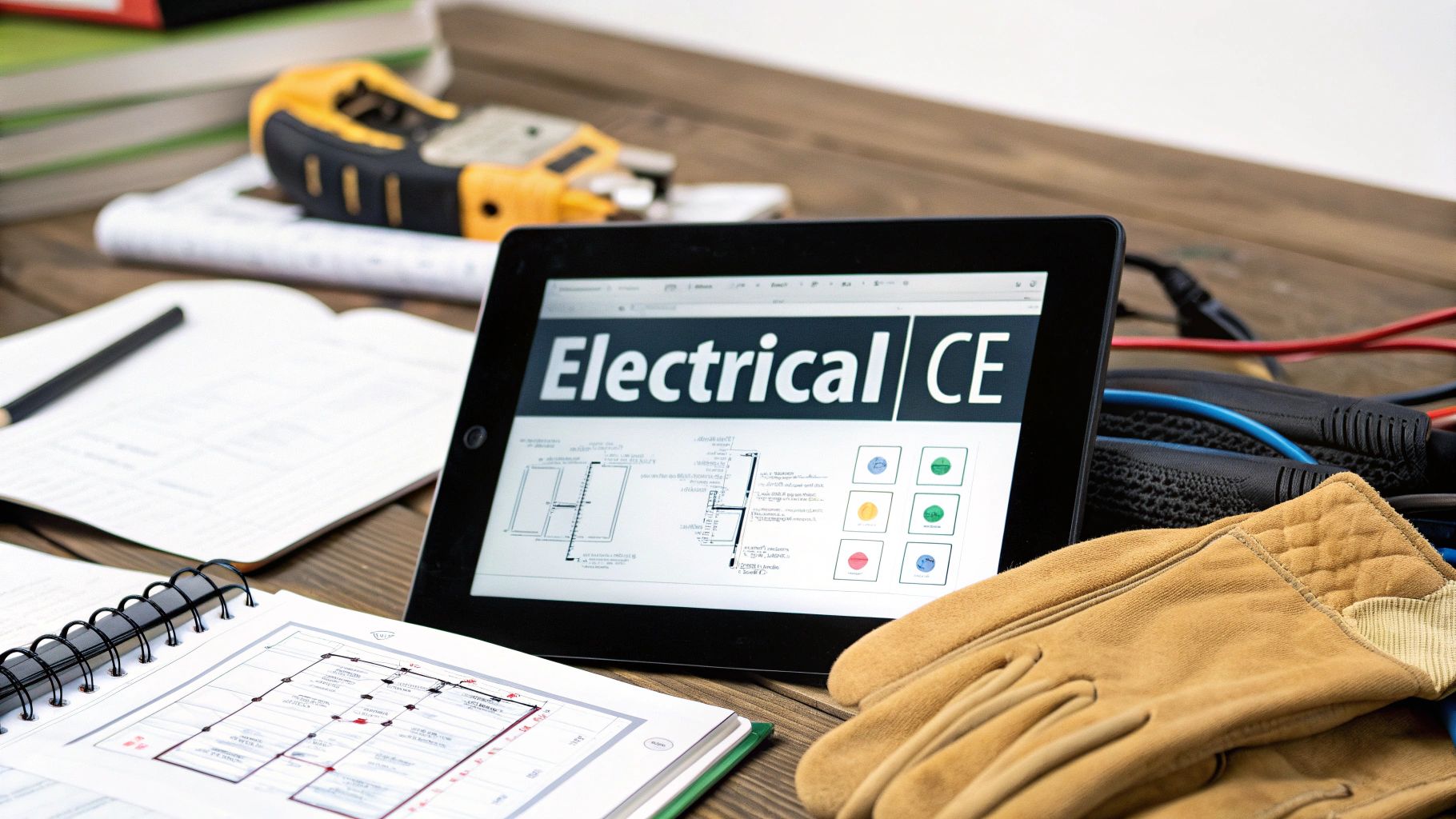 Tablet showing Electrical CE training with blueprints and safety gloves on desk