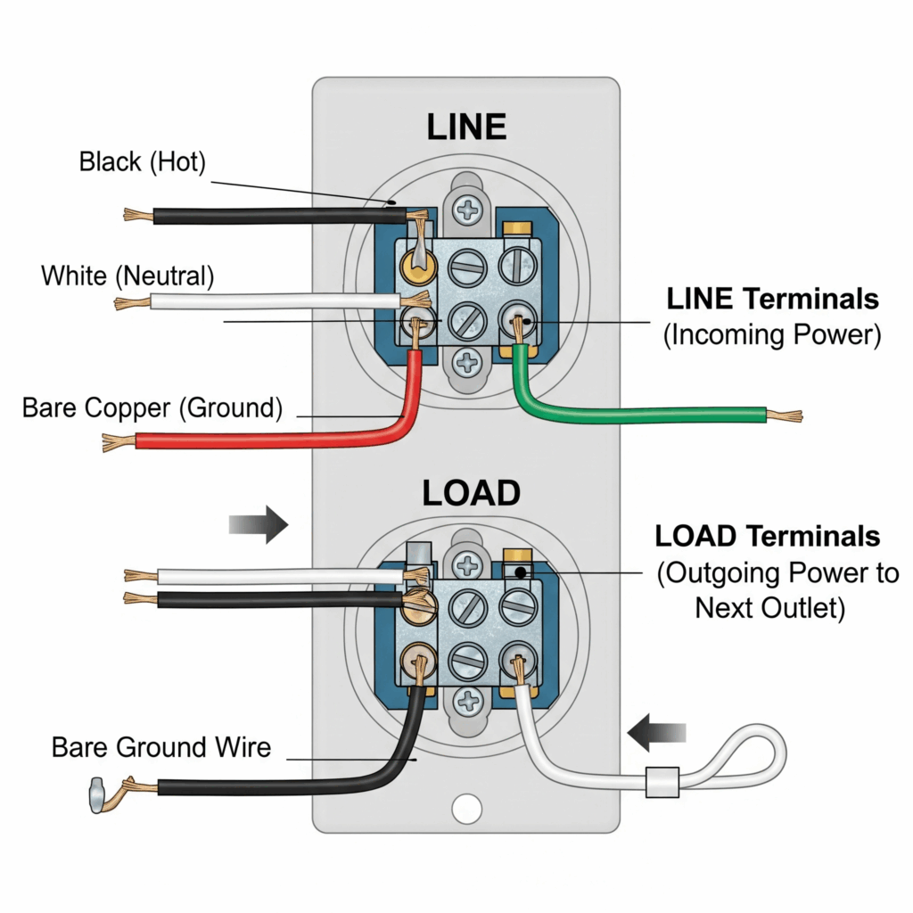 A detailed diagram illustrating the correct wiring of a GFCI outlet, showing the black (hot) and white (neutral) wires connected to the 'LINE' terminals and the proper ground wire connection.