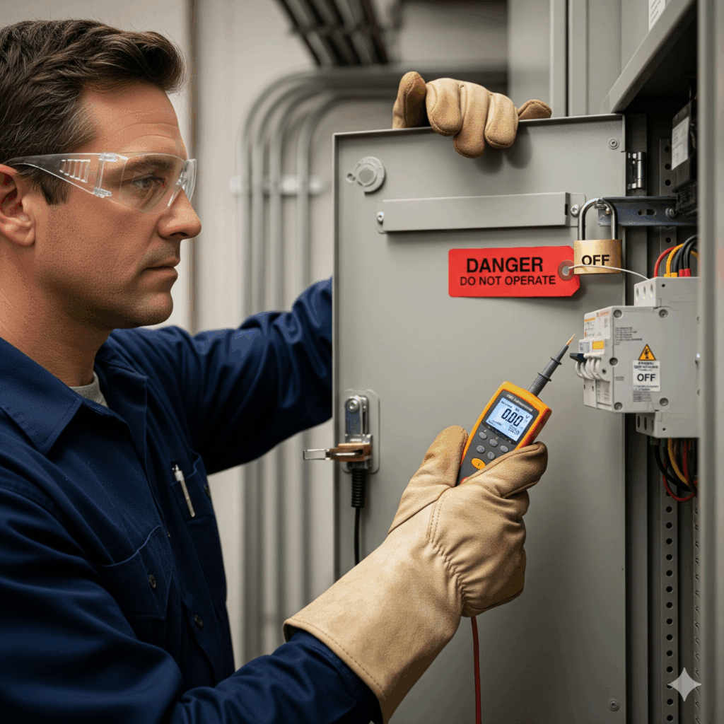 A professional electrician performing a lockout/tagout (LOTO) procedure on a breaker panel, using a voltage tester to confirm the circuit is de-energized, emphasizing electrical safety protocols.