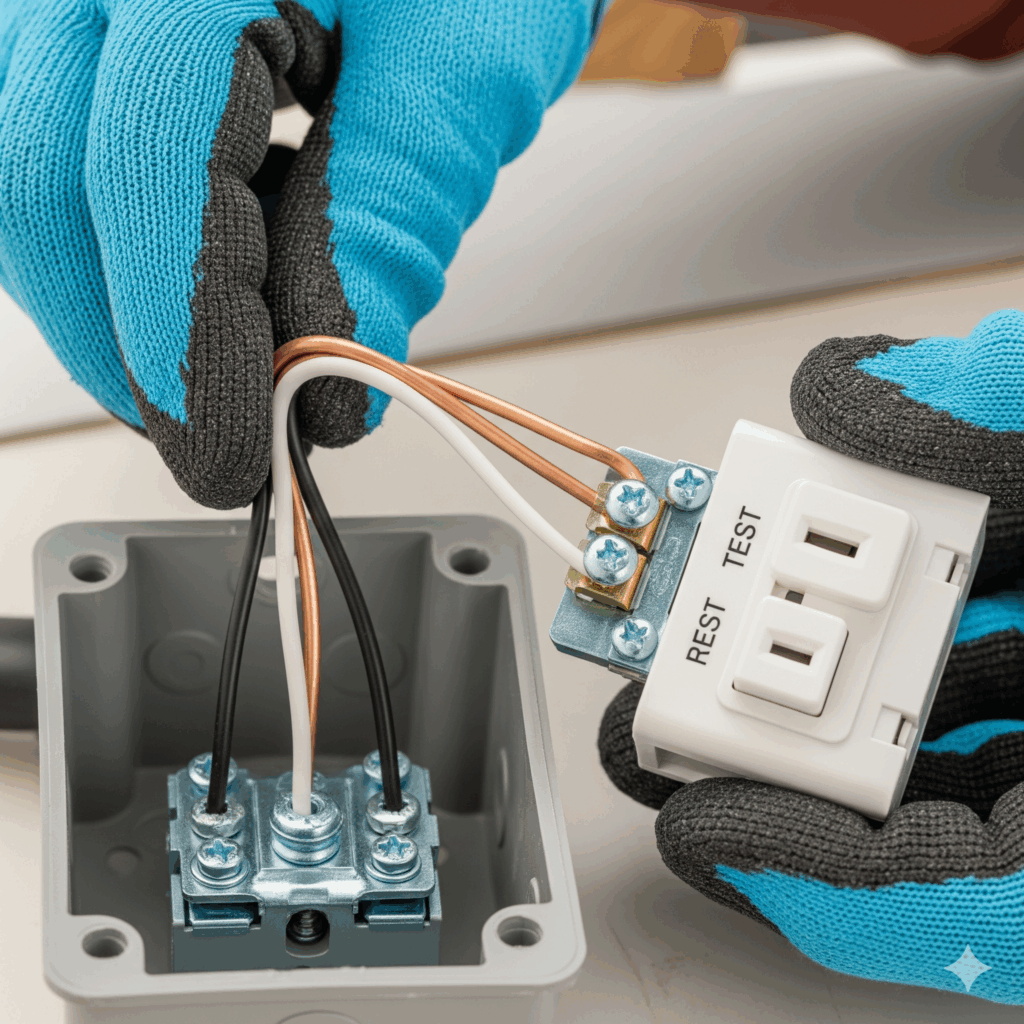 A gloved hand of an electrician neatly organizing and folding wires into an electrical box, demonstrating the technique for securing a GFCI outlet without pinching or stressing the cables.