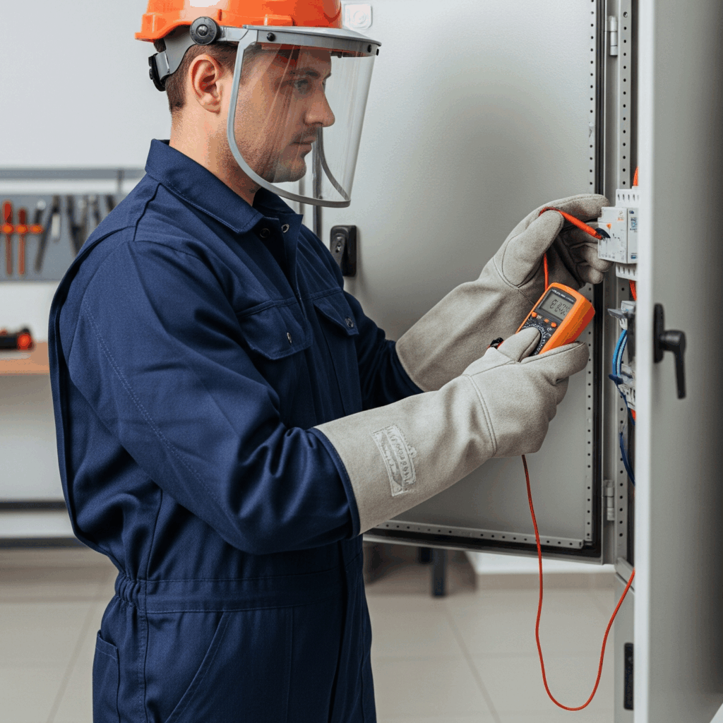 A male electrician in a blue jumpsuit, orange hard hat, face shield, and protective gloves, holding an orange multimeter to measure electrical circuits inside an open industrial-style panel.
