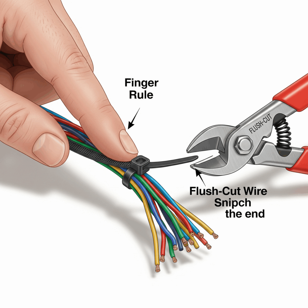 A close-up, educational diagram showing a hand using a cable tie to bundle wires, with a finger placed under the tie to demonstrate the 'finger rule' for proper tension, next to a flush-cut wire cutter.