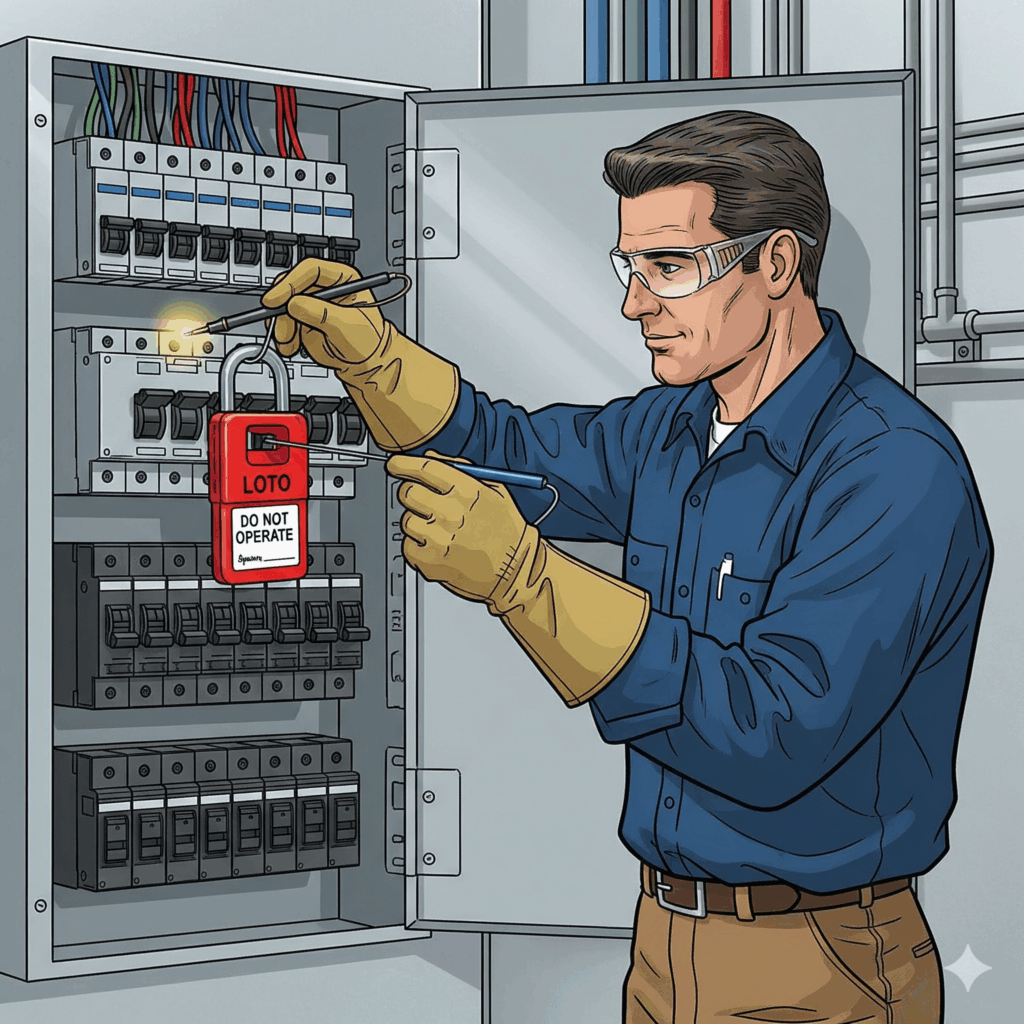 De-energize: Verify circuits are off with voltage testers; use lock-out/tag-out (LOTO) (NFPA 70E 120.2, 120.5). Example: De-energize a residential panel before bundling cables to safely access receptacles.