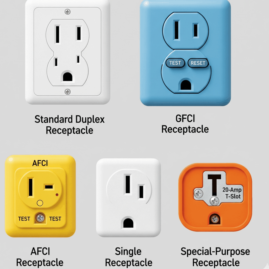 Five distinct electrical receptacles shown on a gray background, labeled clockwise from top left: "Standard Duplex Receptacle" (white, two outlets), "GFCI Receptacle" (blue, with TEST/RESET buttons), "Special-Purpose Receptacle" (orange, with a T-slot), "Single Receptacle" (white, one outlet), and "AFCI Receptacle" (yellow, with two TEST buttons and a horizontal slot).
