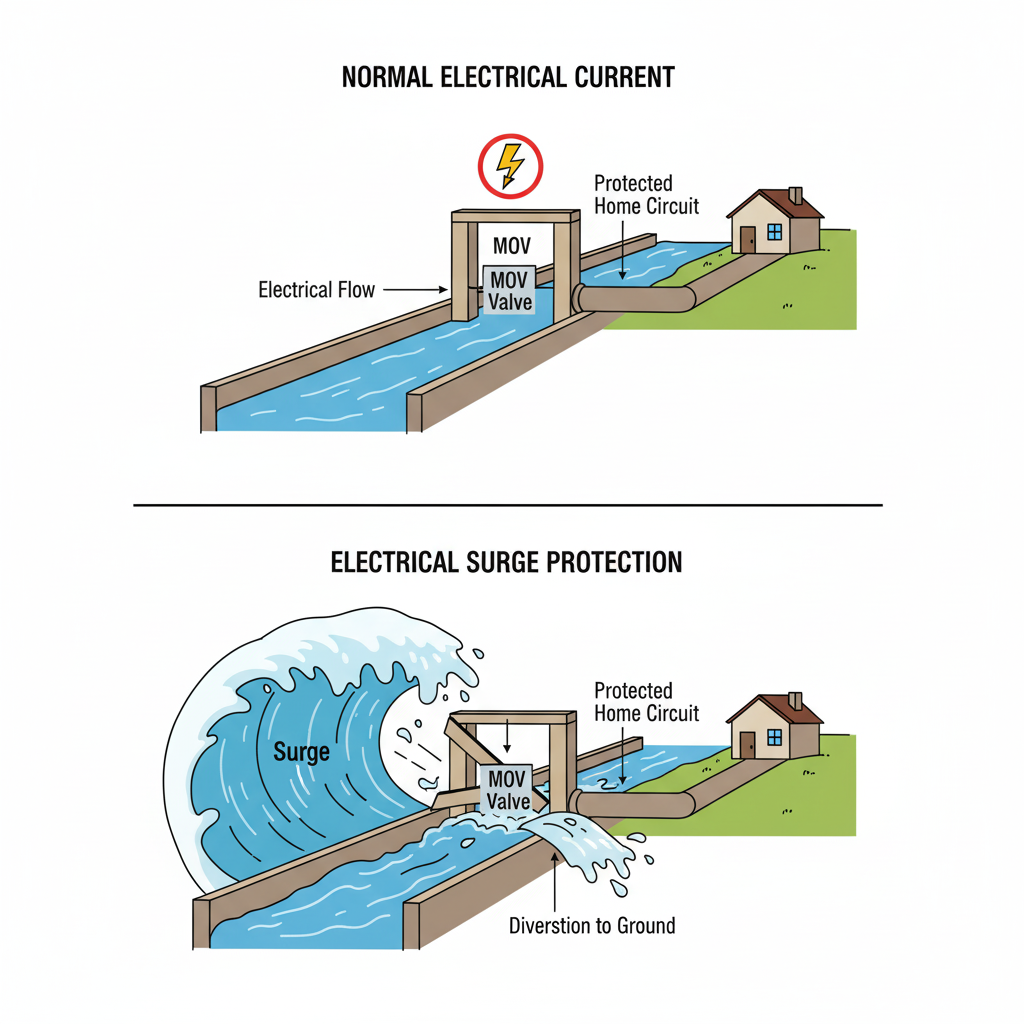 An illustration in two parts: the top shows "Normal Electrical Current" as water flowing smoothly through a channel, where an MOV valve is closed; the bottom shows "Electrical Surge Protection" with a large wave (surge) hitting the MOV valve, which has opened to divert the excess water (voltage) to the ground, protecting the home.