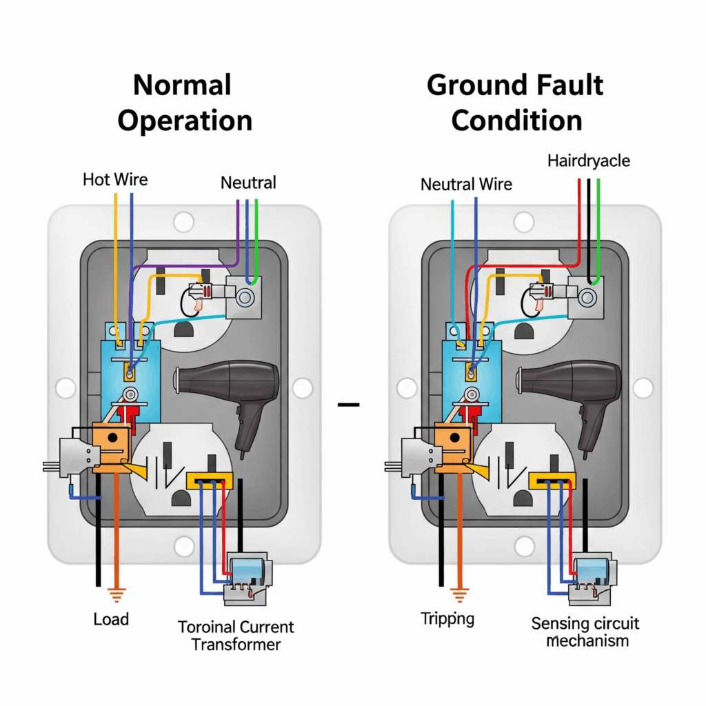 Diagram illustrating GFCI outlet operation, showing normal current flow comparison between hot and neutral wires versus a ground fault condition where current imbalance triggers the GFCI to trip, preventing electric shock, relevant for NEC 210.8 compliance.