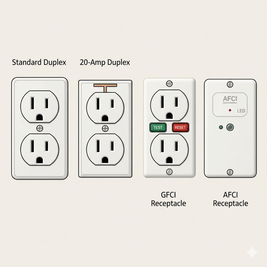 An educational illustration of common North American electrical receptacles, showing a Standard Duplex, a 20-Amp outlet with a horizontal slot, a GFCI (Ground Fault Circuit Interrupter) with test buttons, and an AFCI (Arc-Fault Circuit Interrupter) outlet.