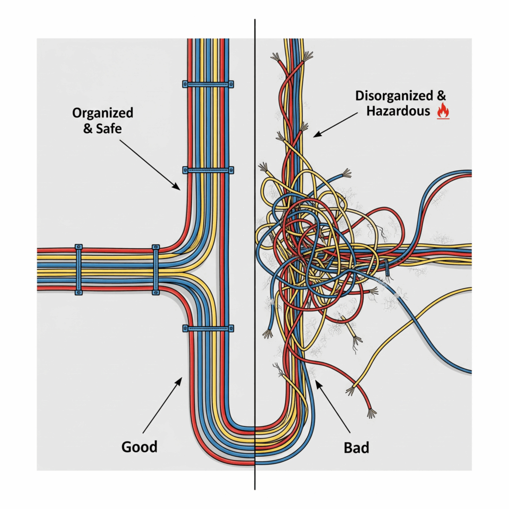 Diagram contrasting organized and safe electrical wiring with neat cable ties versus a disorganized, hazardous bundle of wires (bird's nest) to illustrate proper cable management.