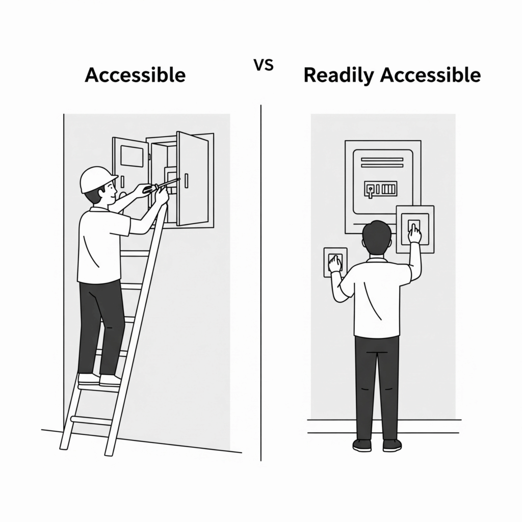 Diagram showing 'Accessible' (electrician on ladder using tools to open a panel) vs. 'Readily Accessible' (person easily reaching an electrical panel/switches on a wall), illustrating NEC definitions for electrical equipment."