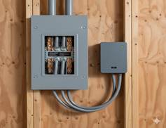 A modern, gray, whole-house surge protector mounted on a wooden stud wall, wired directly into the main breaker panel. The surge protector has a green status light and a small reset button.