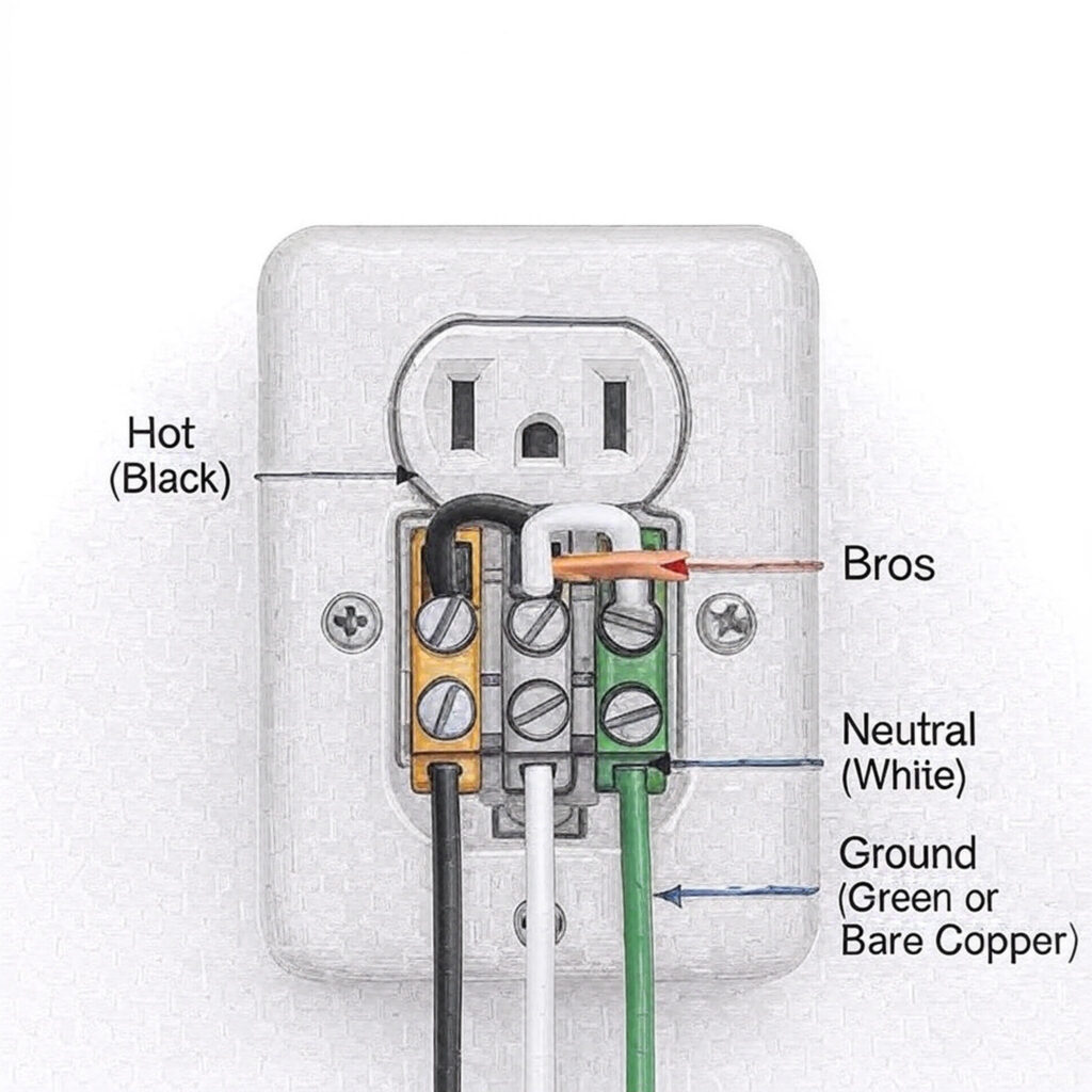 A close-up diagram showing the correct wiring of a standard receptacle, with labels for the hot (black), neutral (white), and ground (green or bare copper) wire connections.