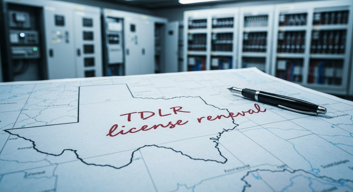 Texas map with TDLR license renewal written on it. In the background organized electrical equipment.
