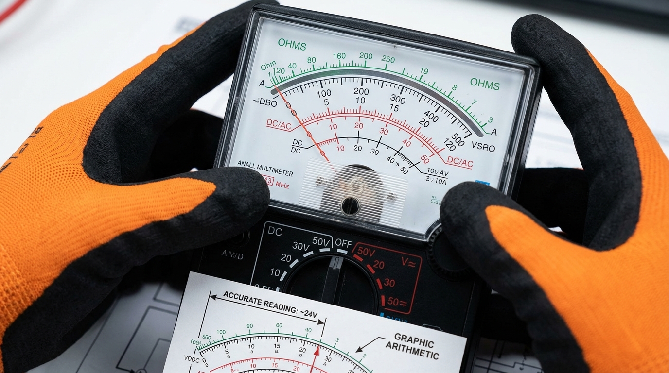 Photorealistic instructional close-up of a professional electrician’s hands, wearing insulated safety gloves, demonstrating how to read an analog multimeter. The focus is on the meter’s face, showing detailed scales for Ohms and Voltage. The needle is precisely positioned between major markings on a clear arc. The rotary range selector is visible in the frame. Bright, professional lighting highlights the fine tick marks and divisions, styled like a technical manual to illustrate graphic arithmetic and measurement accuracy.