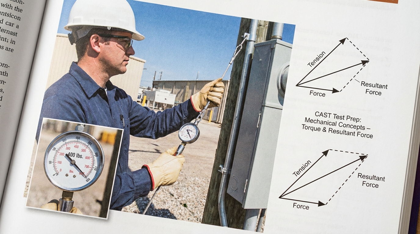 Photorealistic instructional textbook image of a professional electrician in safety gear analyzing a service mast. A clear close-up shows a tension gauge on a guy wire. Overlaid are precise, clean technical vector diagrams with force arrows illustrating the "head-to-tail" addition method. The setting is a brightly lit industrial site. The image clearly demonstrates tension, magnitude, and direction of forces acting on electrical supports, highlighting mechanical concepts like torque and resultant force for CAST test preparation.