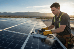 A licensed electrician in a hard hat and safety gear is making final adjustments to the wiring of a solar inverter on the side of a modern home, with rooftop solar panels visible in the background under a bright Colorado sun.