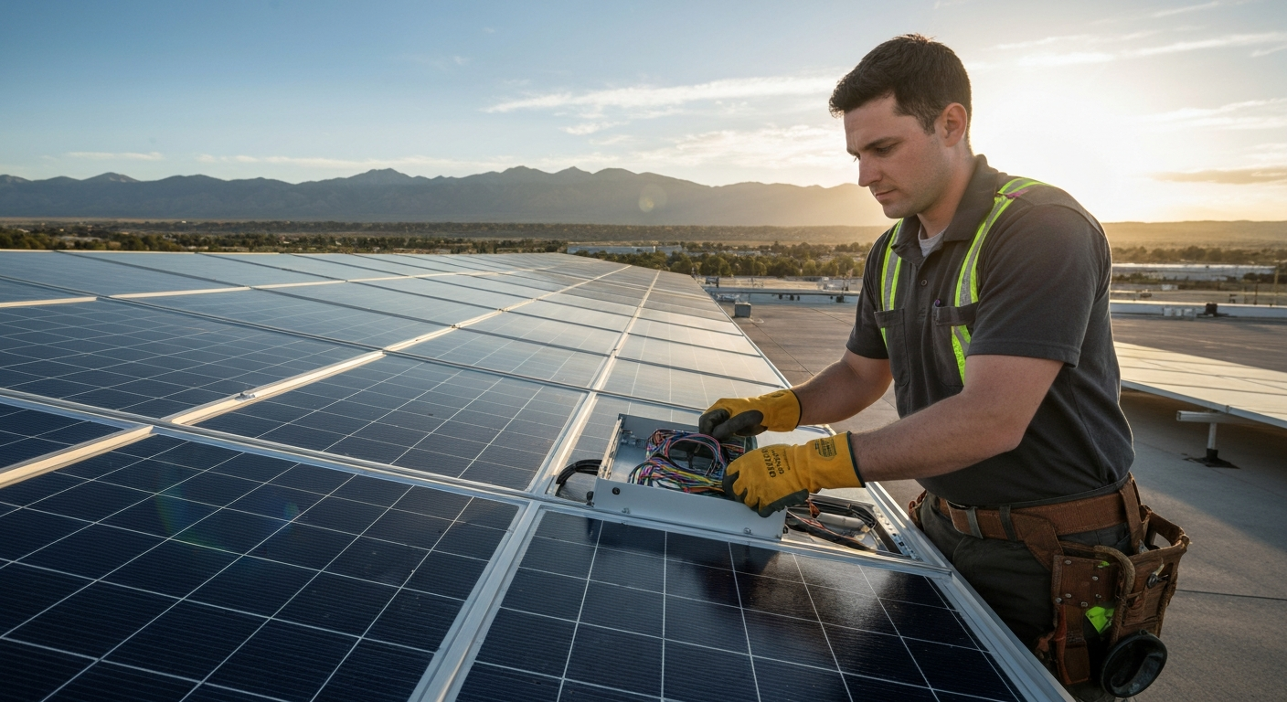 A licensed electrician in a hard hat and safety gear is making final adjustments to the wiring of a solar inverter on the side of a modern home, with rooftop solar panels visible in the background under a bright Colorado sun.