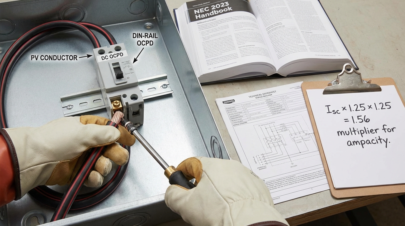 Macro, photorealistic shot of an electrician’s gloved hands connecting a thick PV conductor to a DIN-rail OCPD inside a professional solar combiner box. Beside the equipment, a technical datasheet and the NEC 2023 handbook are visible. A clear calculation on a nearby clipboard shows: "Isc × 1.25 × 1.25 = 1.56 multiplier for ampacity." Bright, even lighting highlights wire insulation details and terminal connections, formatted like a high-end vocational textbook illustration for solar installation safety.